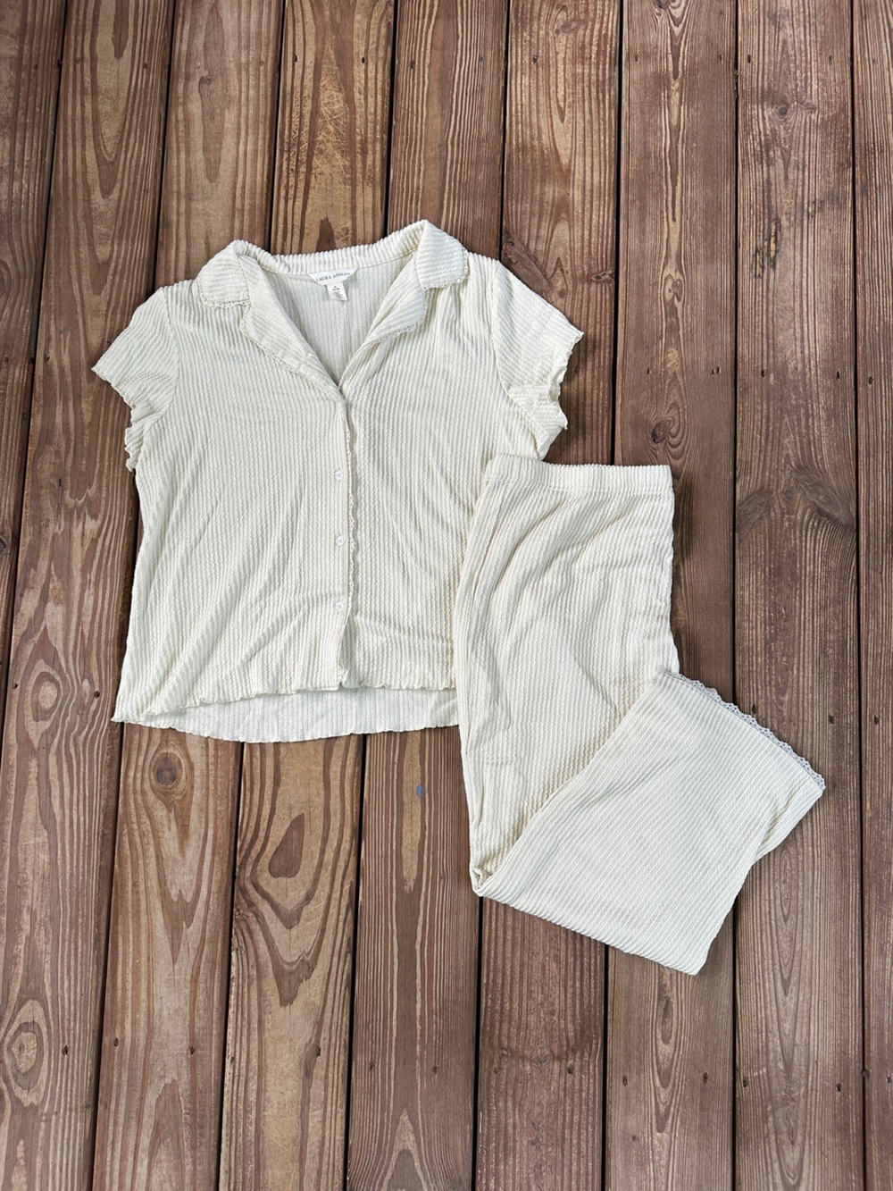 Laura Ashley Ivory Textured Ribbed 2 Piece Pants Top Set XL